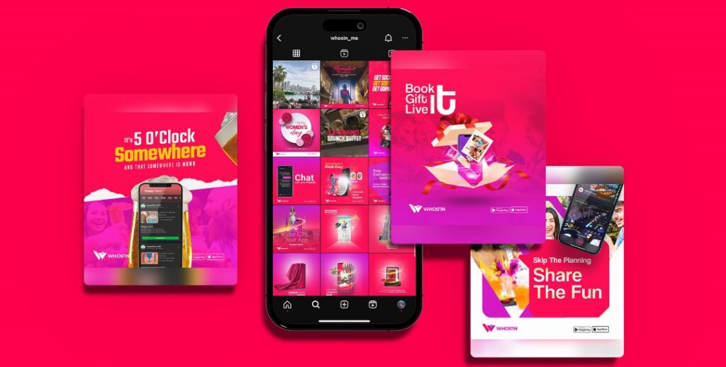 WHOS’IN app social media/ Visual Direction, frame 3 of 7, delivered by AVMDEVS