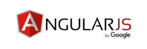 The image shows the logo for AngularJS, a JavaScript-based open-source framework maintained by Google