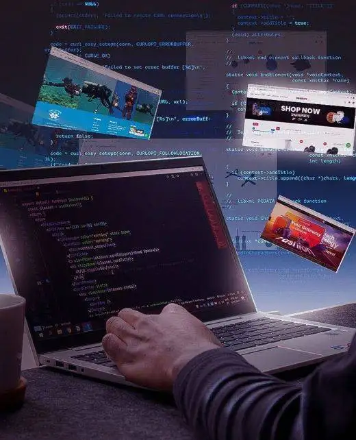 Person coding on a laptop with multiple website previews floating in the background